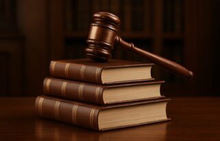 A wooden gavel placed on top of stacked law books in a library setting