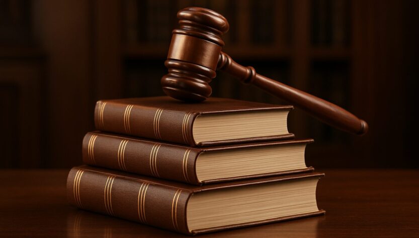A wooden gavel placed on top of stacked law books in a library setting